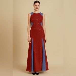 BCBGMAXAZRIA Red Blue Lace Maxi Gown | Elegant Evening Dress Size 6